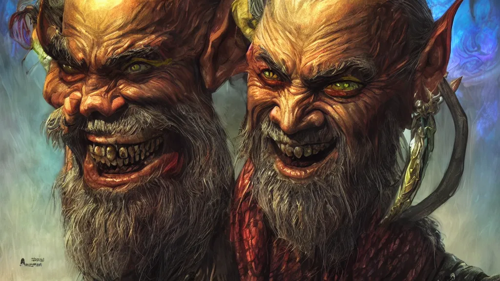 Image similar to bright, colorful, realistic, detailed from Elder Scrolls: Shivering isles concept art of The Mad God Sheogorath with a madsmile backlighting, kodachrome, high contrast, highly detailed, sharp focus, digital painting, concept art, illustration, trending on artstation, comic book by Alex Ross and Adam Adamowicz cover art