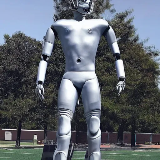 Image similar to “ a realistic detailed photo of a guy who is an attractive humanoid who is half robot and half humanoid, who is a male android, football player christian mccaffrey, shiny skin, posing like a statue, blank stare, on the field, on display ”