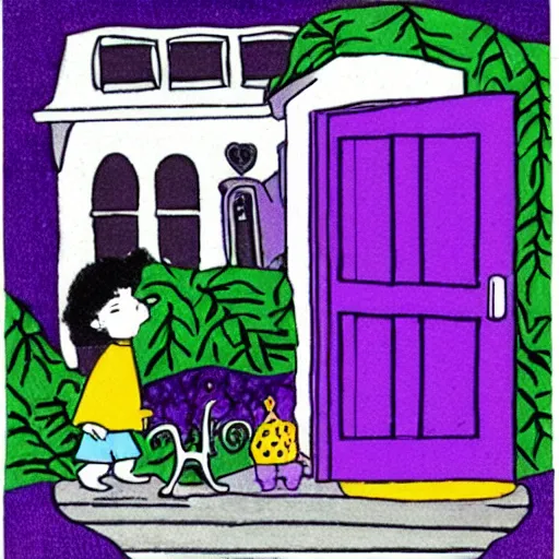 Image similar to Harold and the Purple Crayon in black and white with a purple door and a purple crayon by Maurice Sendak, illustrated as a children's book