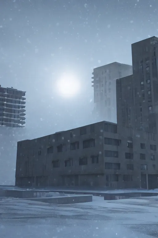 Image similar to brutalist architecture, hyperrealistic rendering, 4 k, tyndall effect, snow day