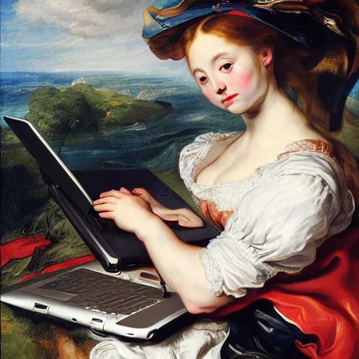 Image similar to heavenly summer sharp land sphere scallop well dressed lady working on her laptop auslese, by peter paul rubens and eugene delacroix and karol bak, hyperrealism, digital illustration, fauvist, looking at her imac laptop