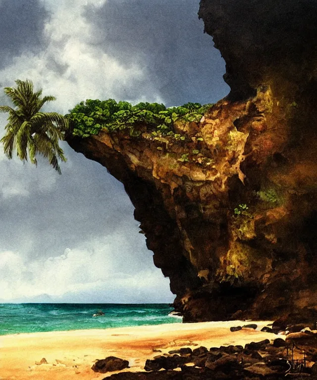 Image similar to photorealistic painting of turtle bay beach jamaica, sharp cliffs, island with cave, dark, atmospheric, brooding, smooth, finely detailed, cinematic, epic, in the style of clyde caldwell