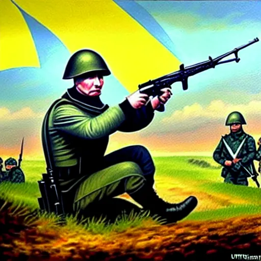 Image similar to Putin is sitting in the trenches and defending himself from Ukrainian troops, Retro futuristic painting style