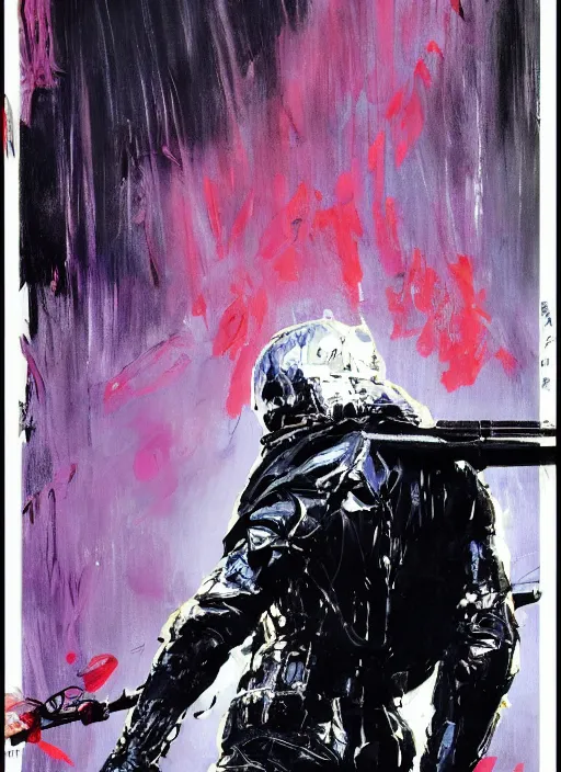 Image similar to senz umbrella, held by black leather suit supermodel in a still from death stranding ( 2 0 1 9 ) action game, by ashley wood, yoji shinkawa, jamie hewlett, 6 0's french movie poster, french impressionism, vivid colors, palette knife and brush strokes, concept art