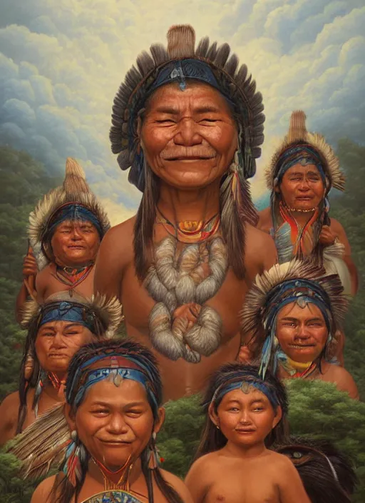 Prompt: faces of indigenous amazonian grandfathers and grandmothers spirits in the clouds, smiling, protection, benevolence, ancestors, detailed faces, religious painting, art by christophe vacher