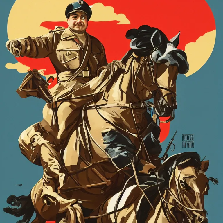 Image similar to propaganda poster rich evans holding a gun riding a chariot, 8 k, tredning on artstation