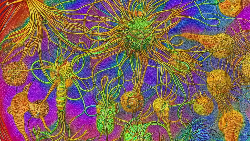 Prompt: quantum connections represented as symbiotic organisms like cells playing around with colorful lights by ernst haeckel, solid