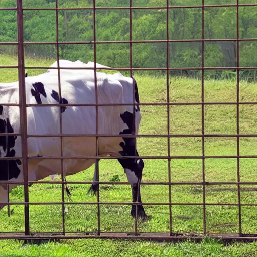 Image similar to cow running from a cage to a countryside