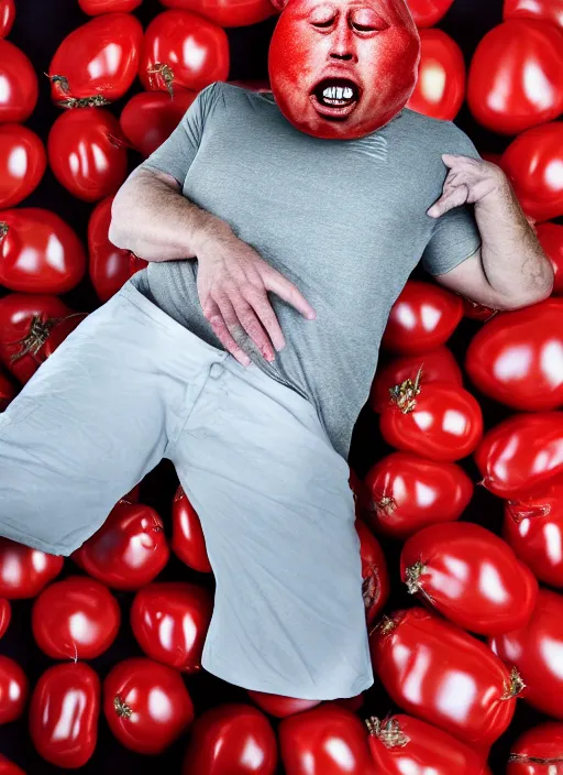 Image similar to a hyper realistic ultra realistic photograph of a man transmogrifying into crumpled tomato, top secret, highly detailed, 8k photo