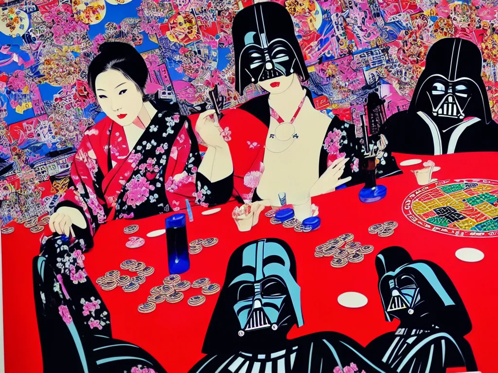 Image similar to hyperrealistic composition of the detailed woman in a japanese kimono sitting at a poker table with detailed darth vader, fireworks, mount fuji on the background, pop - art style, jacky tsai style, andy warhol style, acrylic on canvas