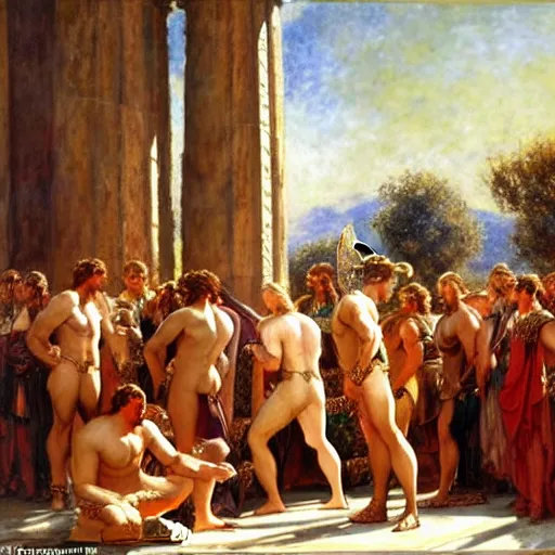 Image similar to hercules watches achilles while they wait in line to worship at zeus'feet, throne of olympus, heavenly marble, gods and goddesses in elegant clothes, painting by gaston bussiere, craig mullins, j. c. leyendecker, tom of finland, claude monet