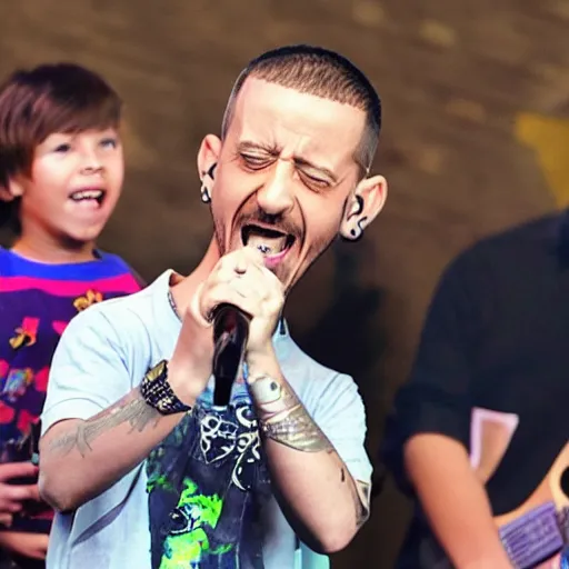 Prompt: Linkin Park Performing at a child's birthday party with children in the audience. Chester Bennington screams into the microphone, photograph