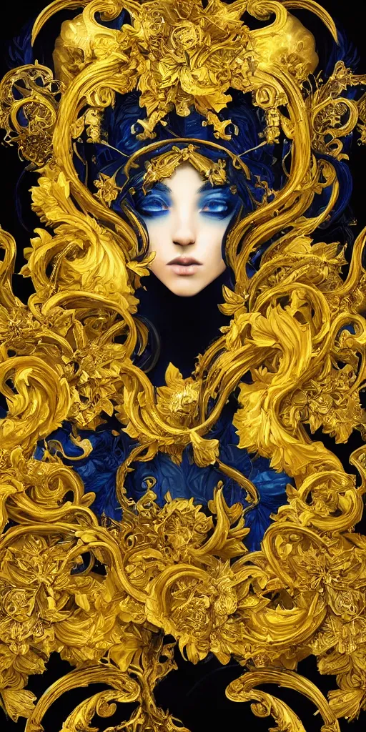 Image similar to black blue yellow, complicated gold and blue flowers the baroque style decoration, dark fantasy, intricate, elegant, highly detailed, digital painting, artstation, concept art, matte, 3 d 8 k octane rendered, sharp focus, illustration, octane rendered, art by artgerm