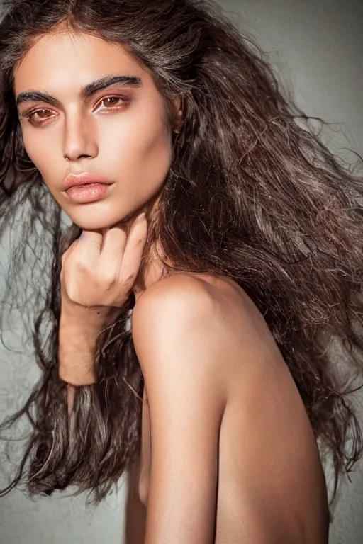 Prompt: A beautiful Brazilan Supermodel, olive skin, long dark hair, beautiful bone structure, intricate, elegant, lying on a silk cloth, fog, volumetric lighting, summer, hyperrealistic, colorful, hyperdetailed.