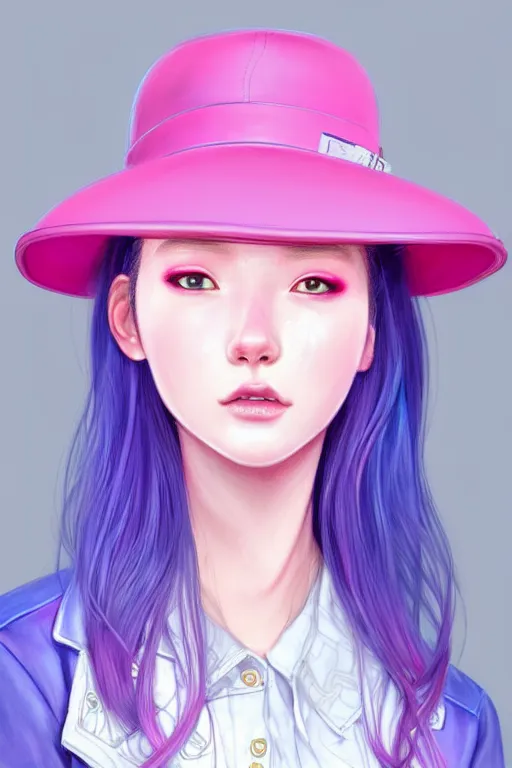 Image similar to gorgeous!!! hyper - realistic teenager girl with pink hair, light pink fedora hat and light pink jacket, with purple gloves, blue jeans and white shoes | drawn by wlop, drawn by jeehyung lee, drawn by artgerm | intricate, highly detailed, digital painting, character design, concept art, illustration, artstation