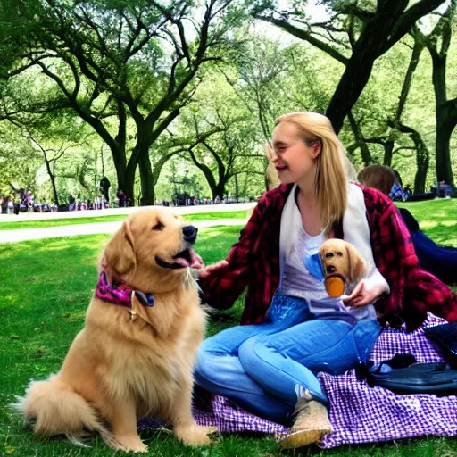 Prompt: picnic with golden retriever puppy in central park