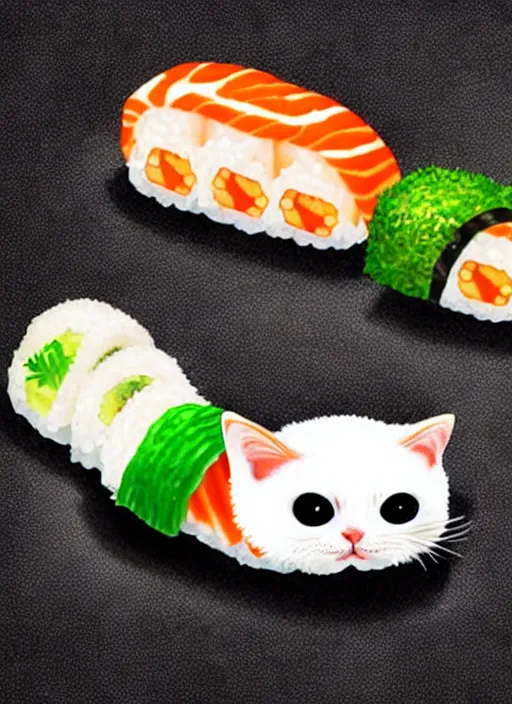 Image similar to clear photorealistic picture of adorable cats made out of sushi