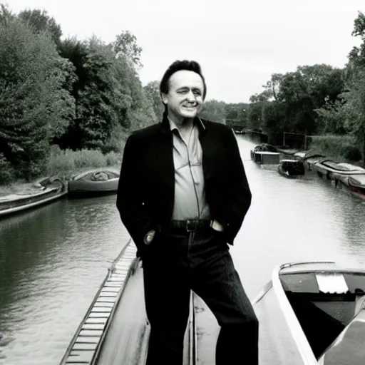 Prompt: high quality photo of johnny cash standing on a canal boat. johnny cashon a narrow boat on a canal. johnny cash smiling. canal boat.