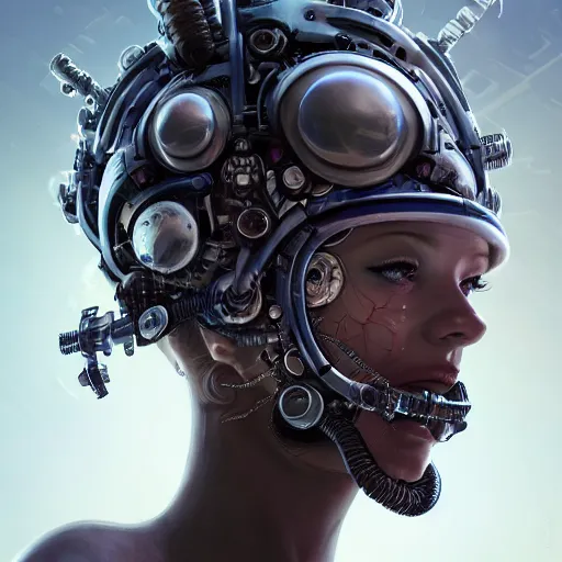 Image similar to a girl in a closed helmet in a biopunk costume consisting of swollen muscles, tendons, bones joints, protruding pistons. masterpiece 4k digital illustration by Scott M. Fischer, award winning, Artstation, Akira aesthetic, black background, intricate details, realistic, Hyperdetailed, 8k resolution