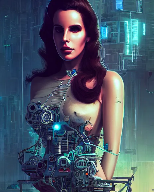 Image similar to portrait of lana del rey as a cyberpunk cyborg. roses, sci - fi, intricate abstract, upper body, intricate artwork, by tooth wu, wlop, beeple, dan mumford. concept art, 8 k octane render, deviantart, greg rutkowski, cinematic, key art, hyperrealism, iridescent accents