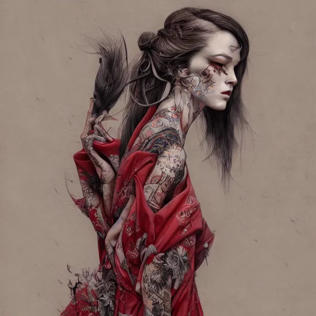 Image similar to ultra realistic illustration, beautiful woman dressed in red kimono, backview, tattoos, in the style of peter mohrbacher by weta digital and beth cavener, high face symmetry, intricate, masterpiece, award winning, high face symmetry, intricate