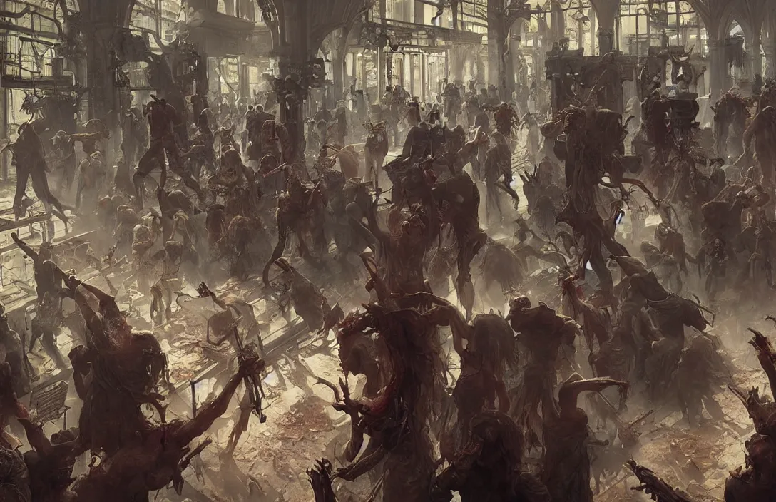 Image similar to painting of zombie apocalypse in subway, ultra realistic, concept art, intricate details, eerie, highly detailed, photorealistic, octane render, 8 k, unreal engine. art by artgerm and greg rutkowski and alphonse mucha