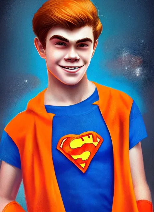 Image similar to friendly teenage archie andrews wearing an orange superhero costume with heart logo, heart, freckles, blue cape, heart emblem on chest, blue cape, intricate, elegant, glowing lights, highly detailed, digital painting, artstation, sharp focus, illustration, art by wlop, mars ravelo and greg rutkowski