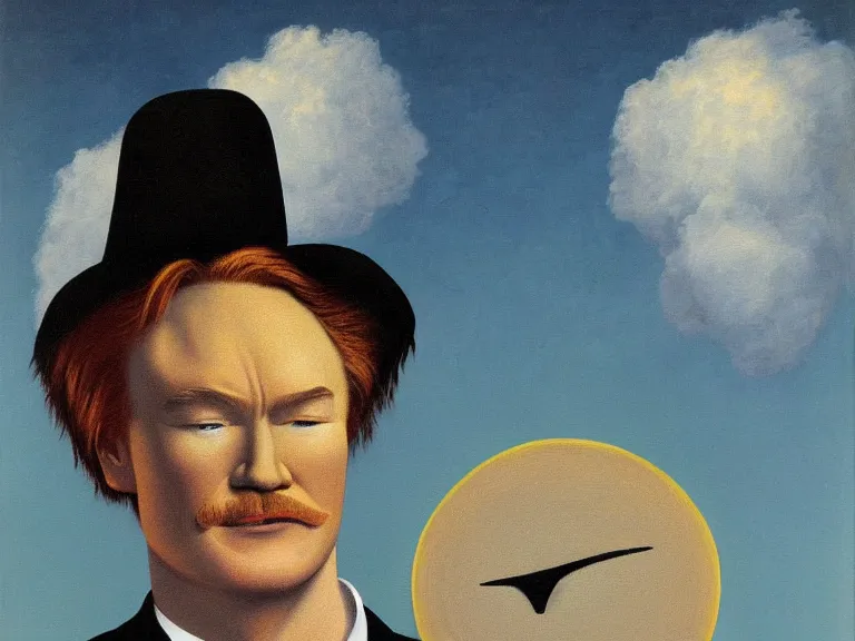 Image similar to Close-up portrait of Conan O'Brien , painting by René Magritte, high detail, high resolution