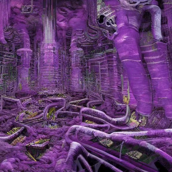 Prompt: detailed shot of inside a cavernous living stomach of a giant goddess, the walls purple and pulsing, lots of acid pooling up on the floor, digesting and dissolving a city that sat in the acid, food pov, micro pov, vore, digital art, furry art, high quality, 8k 3D realistic, macro art, micro art, Furaffinity, Deviantart, Eka's Portal, G6