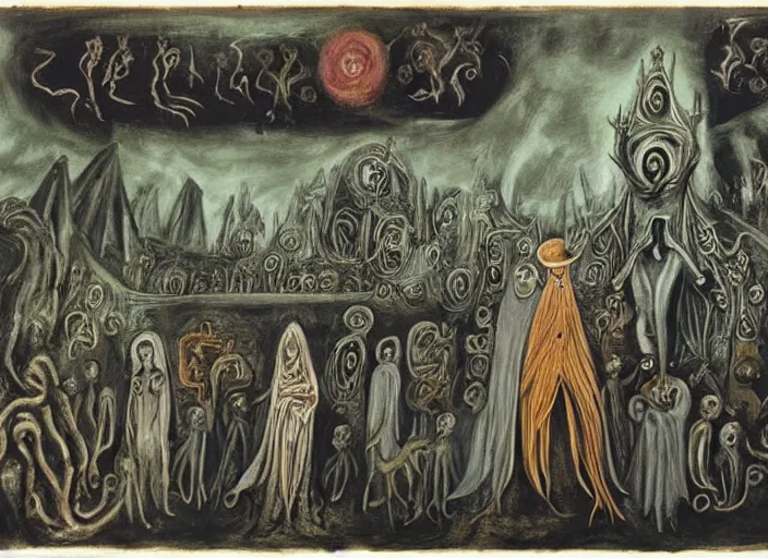 Image similar to a procession of eldritch cultist towards a lovecraftian temple by leonora carrington