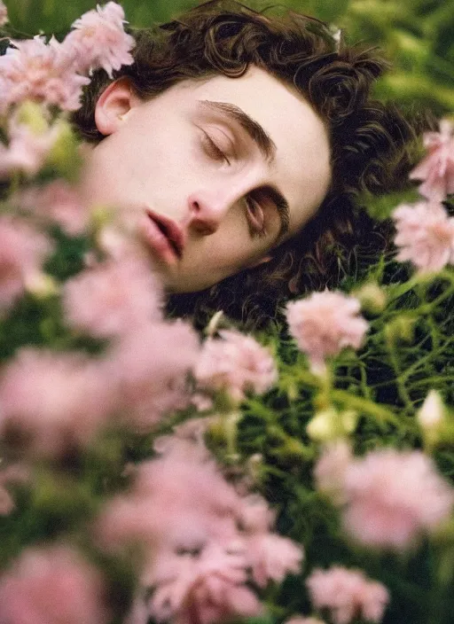 Prompt: Kodak Portra 400, 8K,ARTSTATION, Caroline Gariba, soft light, volumetric lighting, highly detailed, britt marling style 3/4 , extreme Close-up portrait photography of a Timothee Chalamet hiding in flowers how pre-Raphaelites with his eyes closed,inspired by Ophelia paint, his face is under water Pamukkale, face above water in soapy bath tub, hair are intricate with highly detailed realistic , Realistic, Refined, Highly Detailed, interstellar outdoor soft pastel lighting colors scheme, outdoor fine photography, Hyper realistic, photo realistic