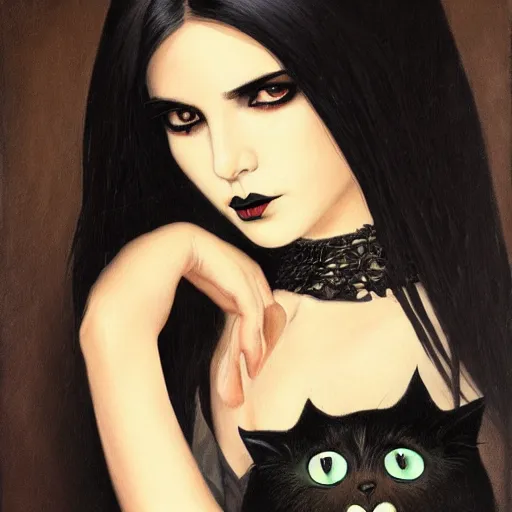 Prompt: a painting of an emo mexican woman with long dark hair thick eyebrows dark eyes and dark circles wide nose big eyes oval face shape big cheeks holding her cat, photorealistic painting by tran nguyen ilya kuvshinov and greg rutkowski featured on deviantart, gothic art, goth, gothic, detailed painting