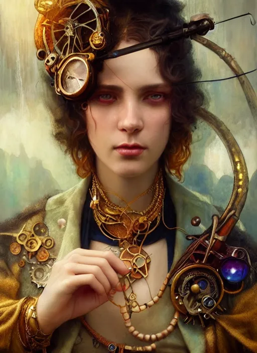 Image similar to hyper realistic fisherman, magical, gems, jewels, gold, steampunk, cyberpunk utopia, painted by tom bagshaw, mucha, gaston bussiere, craig mullins, j. c. leyendecker 8 k