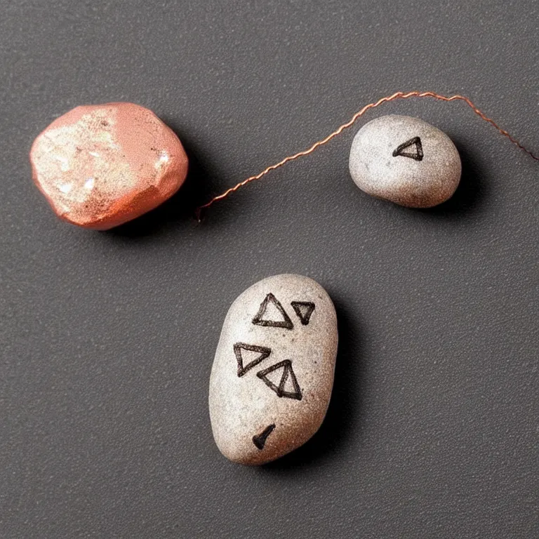 Image similar to photo of a pebble with a glowing runes drawn on it. pebble is completely wrapped with copper wire! lots of copper wire!! extremely high details