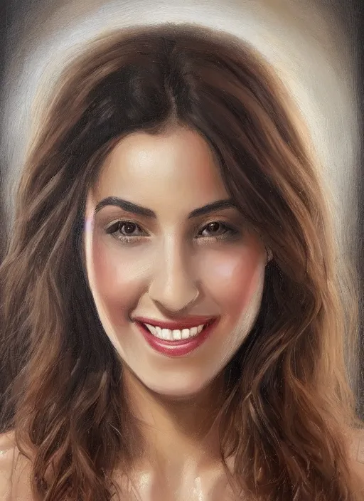 Image similar to beautiful portrait face centre oil on canvas of brunette with wavy hair, big mouth, smiling, Ebru Şahin, Reyyan, looks like Sabrina Ouazani , intricate, elegant, highly detailed, artstation, concept art, sharp focus, art by Alina Ivanchenko, Rob Ross, WLUP, artgerm