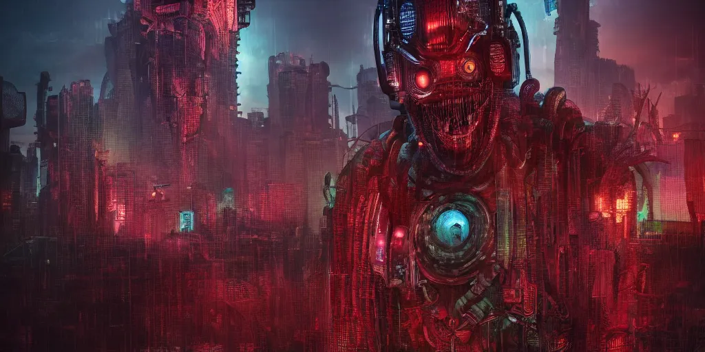 Image similar to a cyberpunk chtulhu creature closeup, fallout 5, studio lighting, deep colors, apocalyptic setting, vertically mirrored city in background