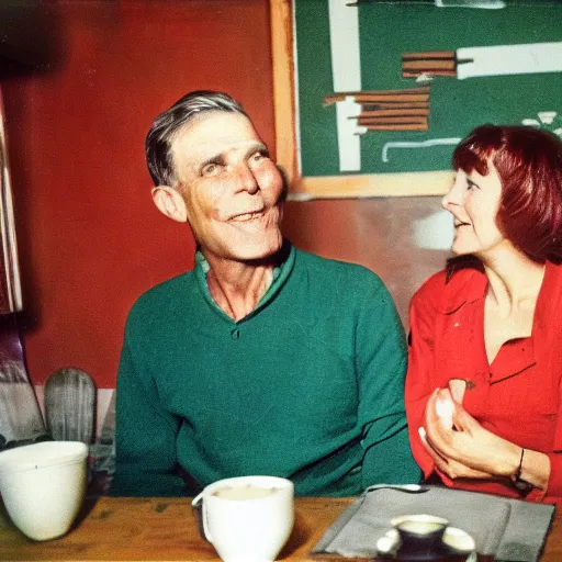 Prompt: kodachrome photo of a man and his wife talking about cats at a budy coffe shop, strong reds and greens color photo