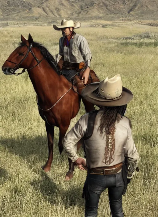 Prompt: a horse dressed as John Marston