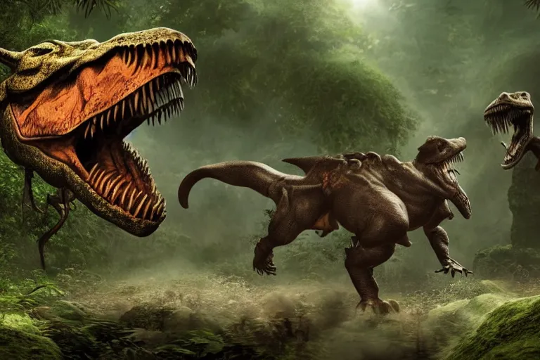 Image similar to a photo of a human fighting a t rex in a fantasy jungle, photorealistic, hd, 8 k