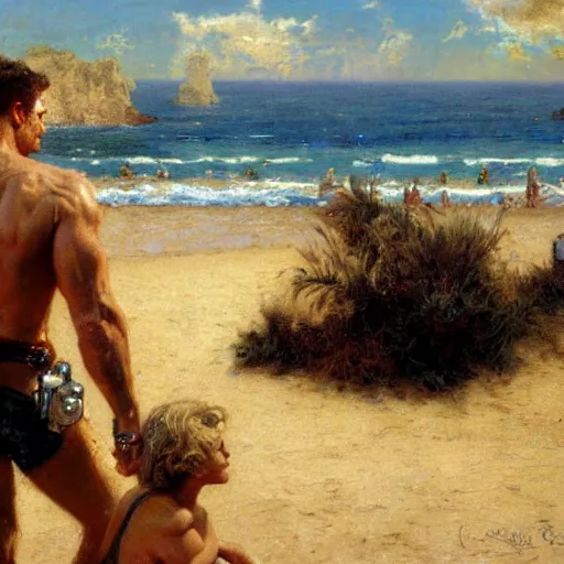 Image similar to detailed cinematic shot of the terminator on the mediterranean beach, spring light, painting by gaston bussiere, craig mullins, j. c. leyendecker