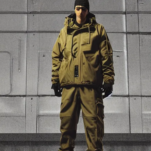 Image similar to A broad shouldered, muscular man wearing Acronym p-31 Ds pants and beige-earth Parka jacket and Nike Acronym presto sneakers, rooftop, sniper rifle stationed in background, Police sirens shining in far background, trending on r/techwearclothing, high quality, digital art, dirty cyberpunk city, rain, greg rutkowski