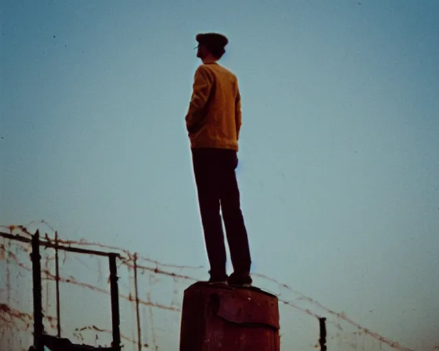 Image similar to lomo photo of man standing on the roof of soviet hrushevka, small town, cinestill, bokeh, out of focus