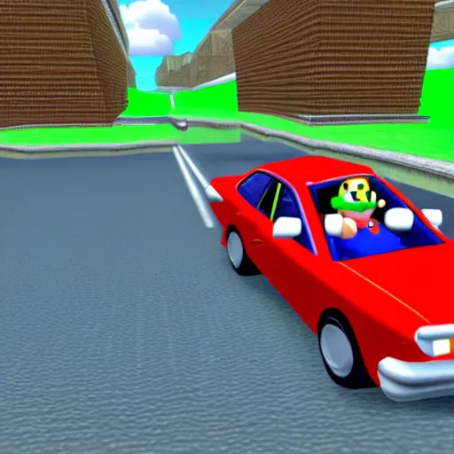 Prompt: screenshot of a carjacking in super mario 6 4