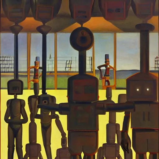 Prompt: drab slave human workers building robots, watched by fascist robots, brutalist factory, dystopian, pj crook, edward hopper, oil on canvas