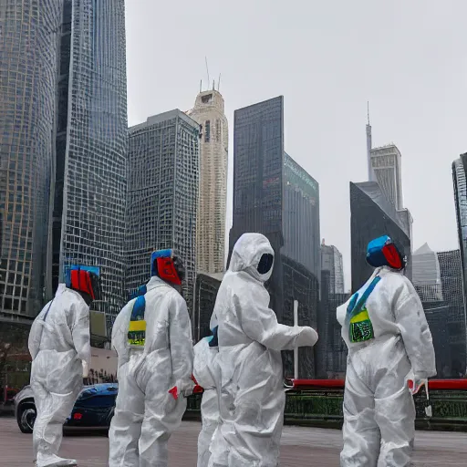 Prompt: chinese soldiers in hazmat suits with grey skies carrying machine guns, cloud gate chicago