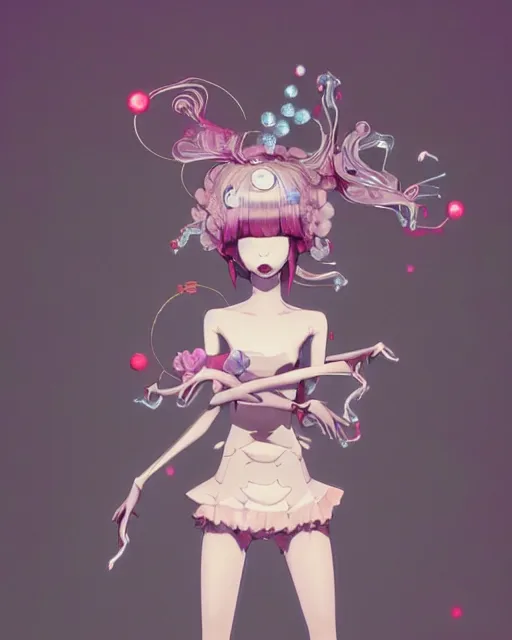 Image similar to james jean isolated vinyl figure harajuku magical girl character design, figure photography, dynamic pose, holographic undertones, motion shapes color design, glitter accents on figure, anime stylized cute guro, sharp focus, accurate fictional proportions, high delicate defined details, ethereal lighting