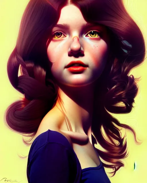 Image similar to hyper - realistic portrait of a pop art girl, dynamic wavy hair, perspective body anatomy, detailed designs, digital painting, 4 k, by ilya kuvshinov, by greg rutkowski, atmospheric lighting