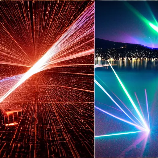 Image similar to collage, lasers and smoke over a lake in the nightime