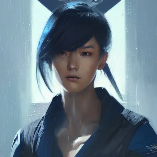 Prompt: Very detailed masterpiece painting of a young female asian cyberpunk warrior with dark blue hair, portrait, artstation, concept art by Greg Rutkowski