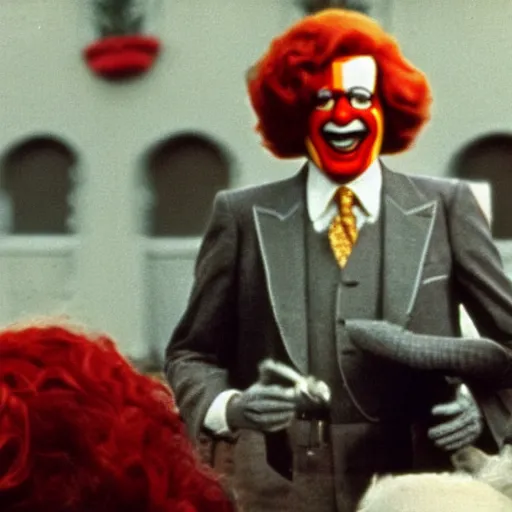 Prompt: A still of Ronald McDonald in The Godfather (1972)